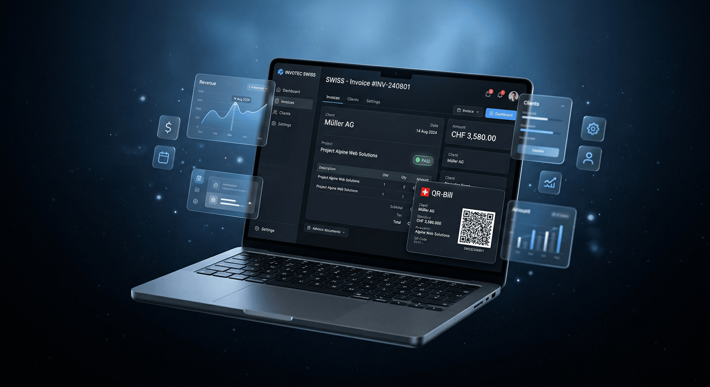 SwissInvoice Dashboard mit Rechnungen, QR-Rechnung und KPI-Widgets